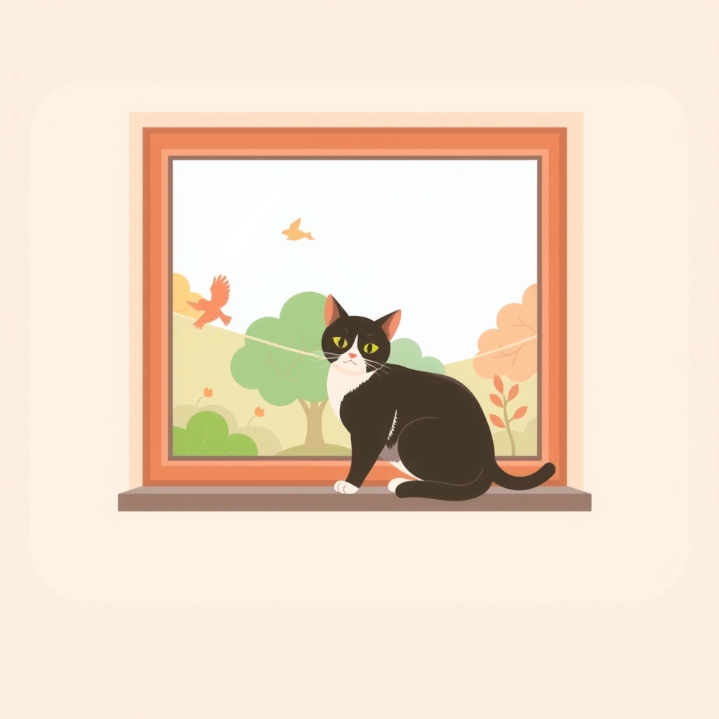 A tabby cat sitting on a windowsill looking out at birds in the garden