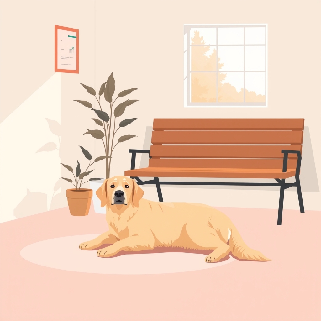 A golden retriever resting on the floor of a sunny vet's waiting room next to a wooden bench.