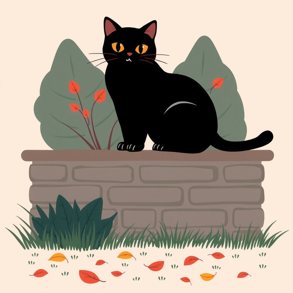 A black cat sitting on a garden wall above a lawn scattered with fallen leaves at dusk