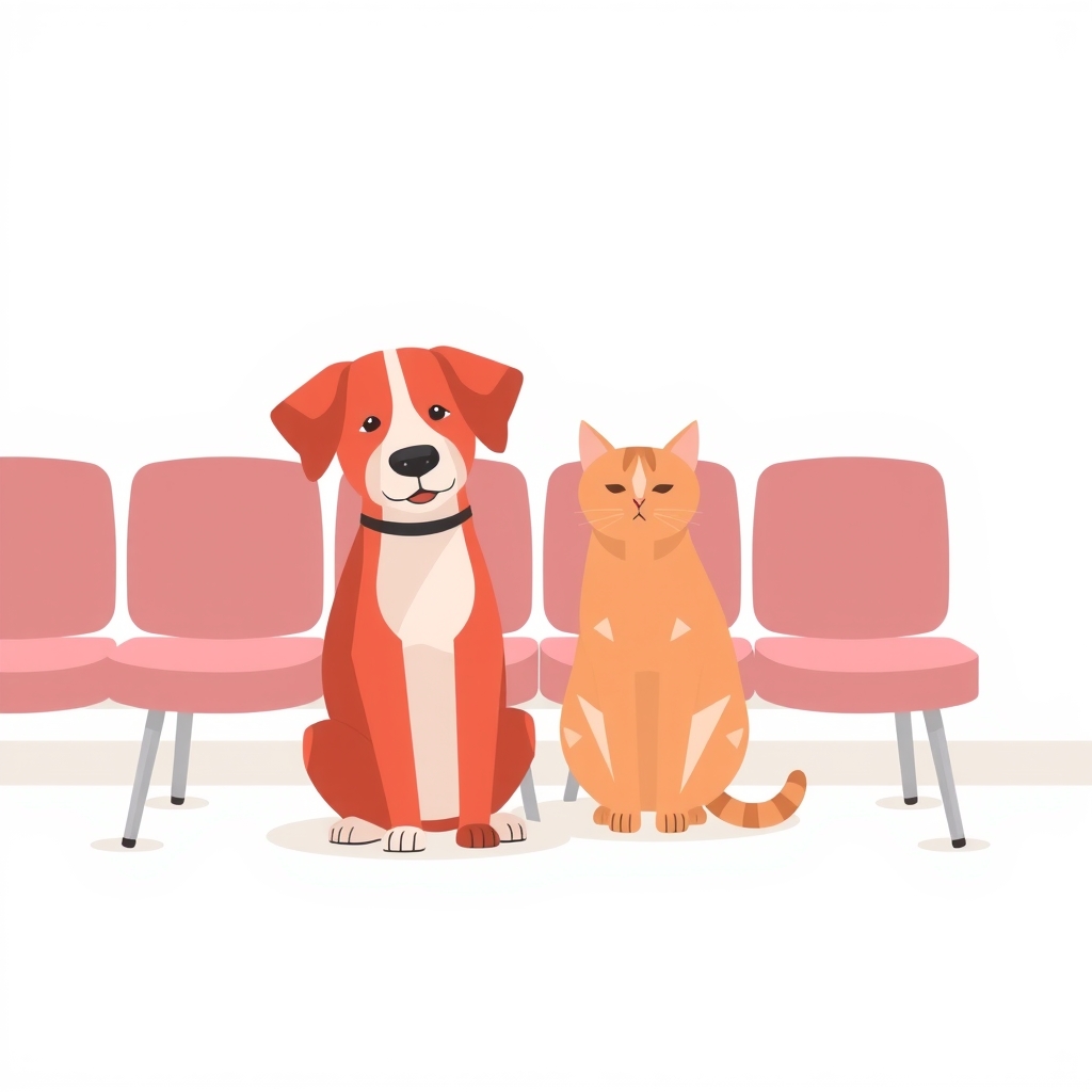 A dog and a cat sitting together in a vet waiting room