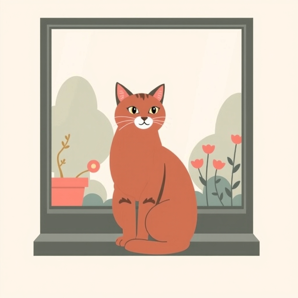 A tabby cat sitting calmly on a windowsill looking out at a garden