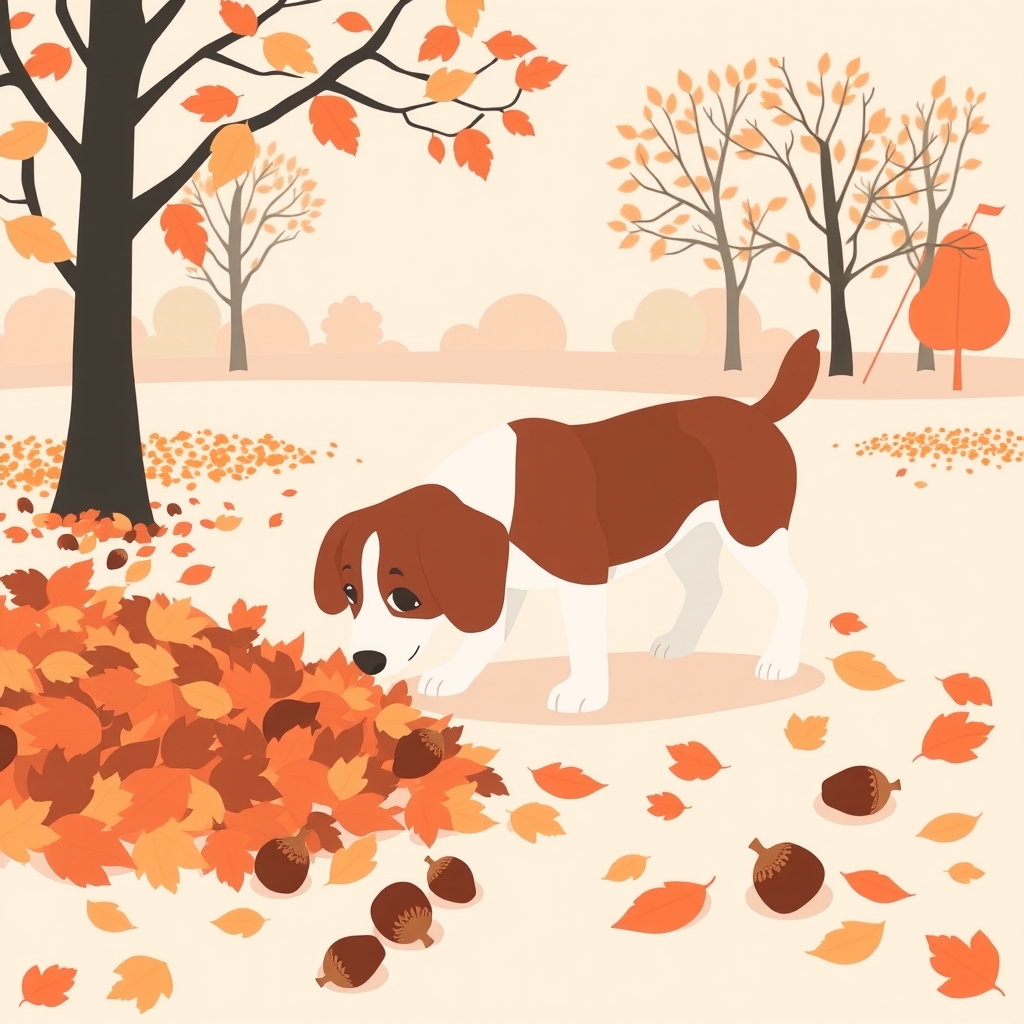 A spaniel sniffing among fallen autumn leaves in a park, with conkers and acorns on the ground.