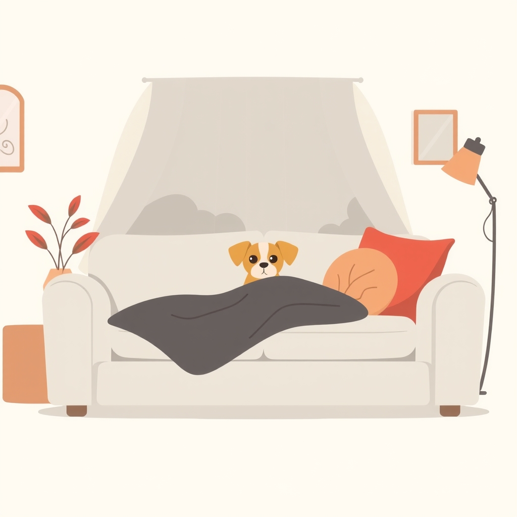 A small dog hiding under a blanket on a sofa in the evening