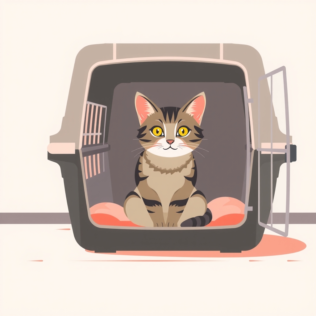 A tabby cat sitting calmly in an open pet carrier on a kitchen floor
