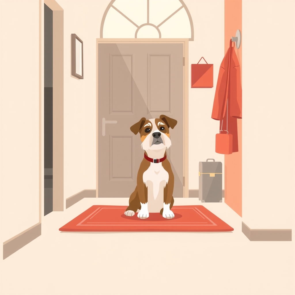 A brown and white terrier sitting on a hallway doormat, looking up, with a lead hanging on a hook above.
