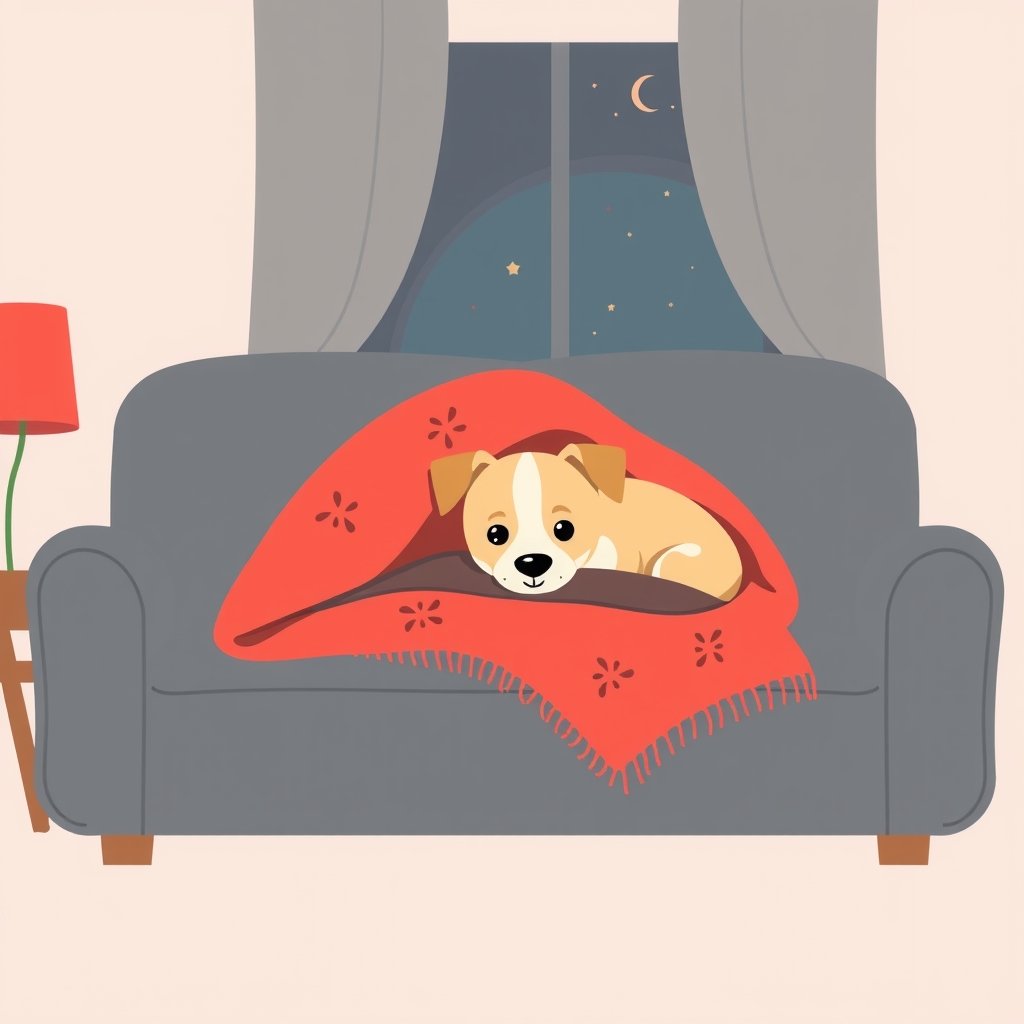 A small dog hiding under a blanket on a sofa indoors in the evening