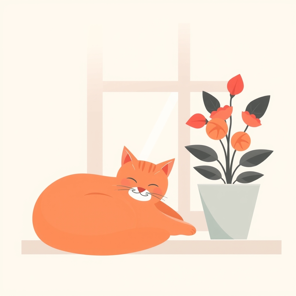 A ginger cat curled up asleep on a sunny windowsill next to a potted plant