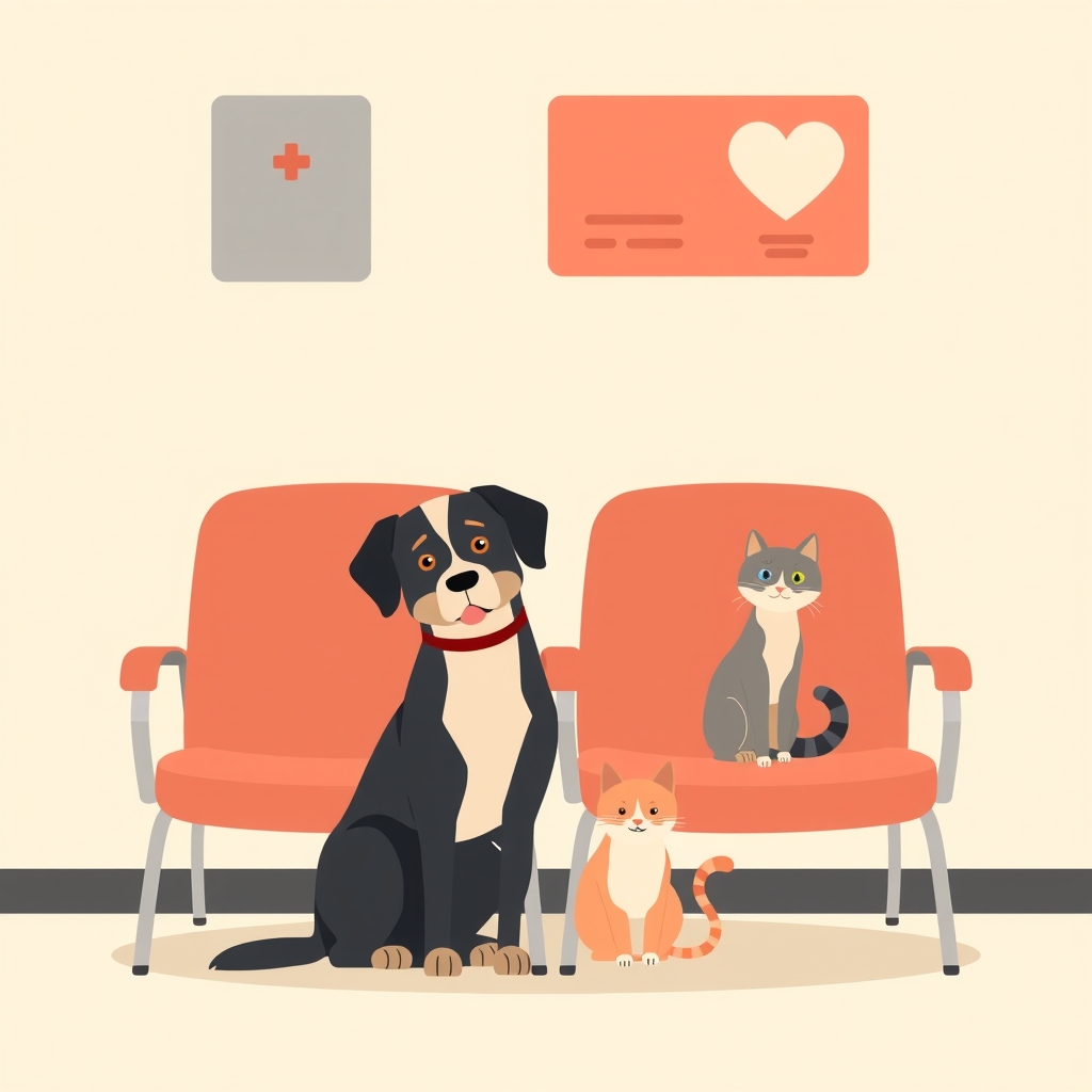 A dog and a cat sitting together in a bright vet waiting room with simple chairs